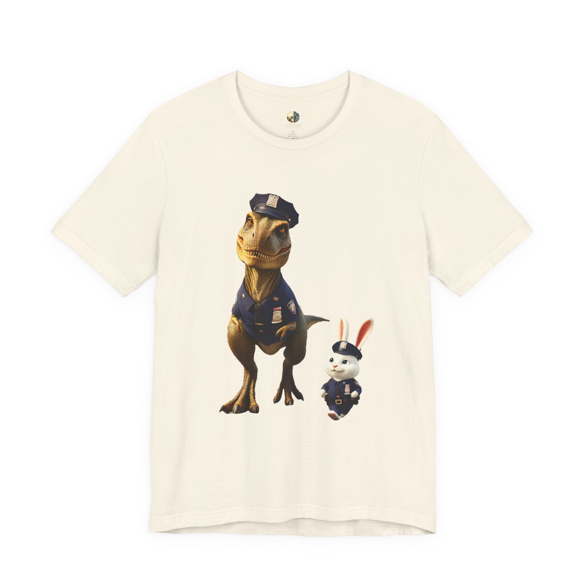 Natural color T-shirt showing a T-Rex and a bunny dressed as police officers standing together