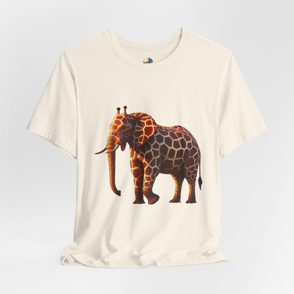 Natural color T-shirt featuring an elephant–giraffe hybrid with giraffe patterns and small ossicones.