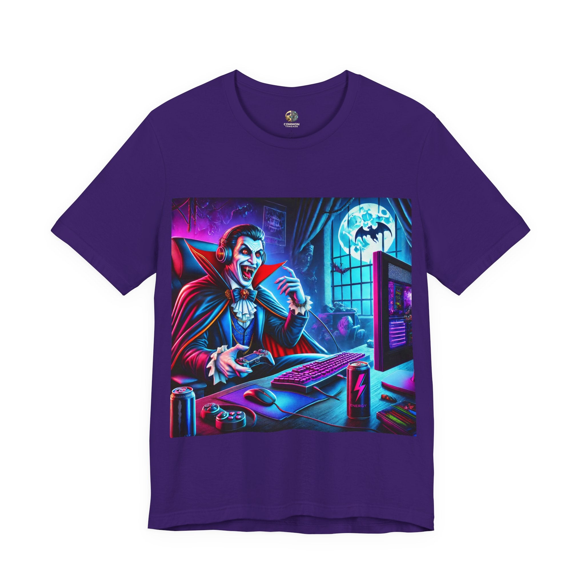 A purple t-shirt of a vampire playing video games in night time