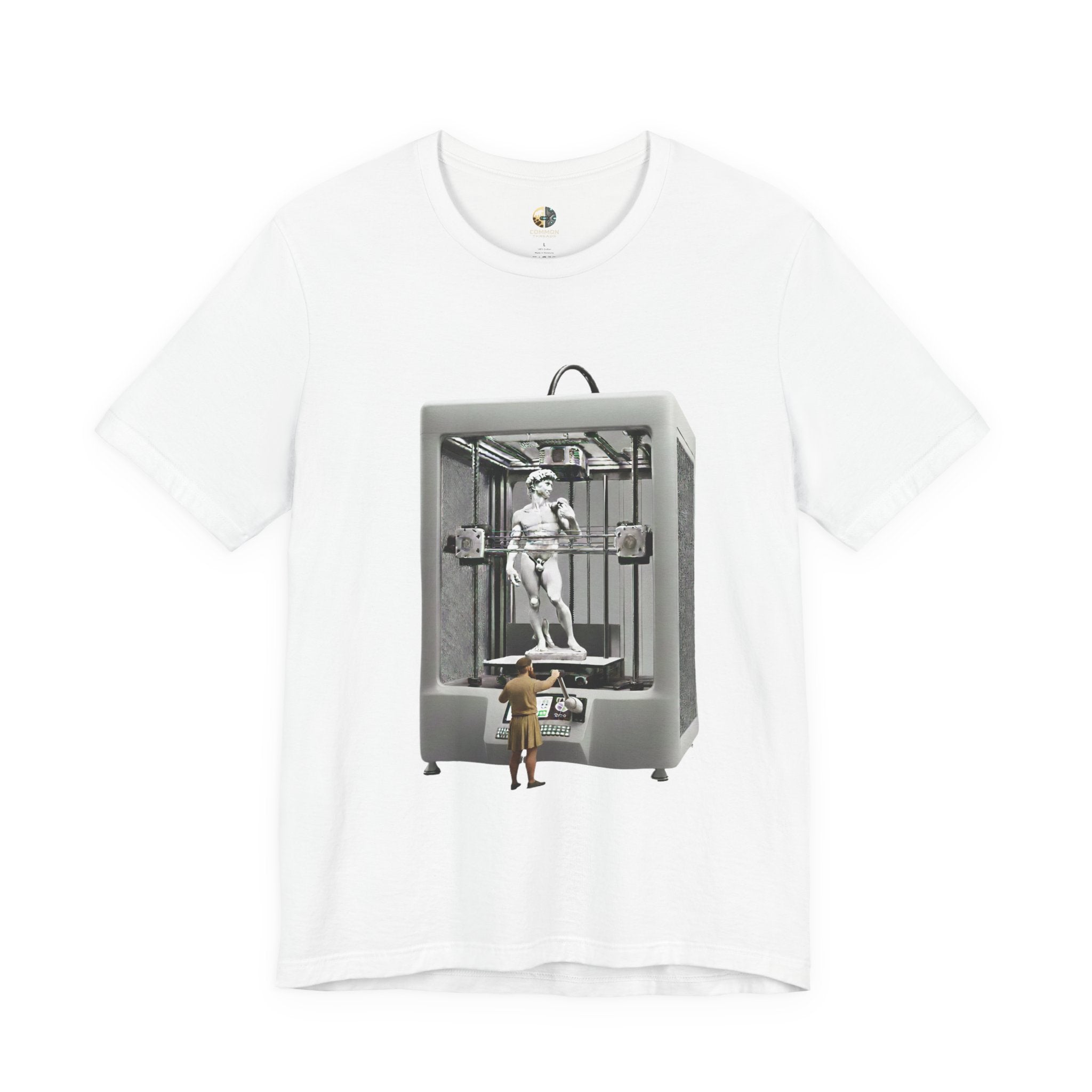 White color T-shirt featuring a graphic of Michelangelo’s David statue being created inside a large 3D printer, with Michelangelo standing at the controls