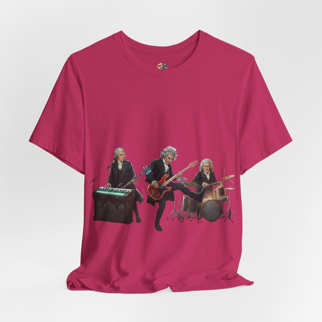 Berry color t-shirt featuring Mozart on bass and keyboard, Beethoven on electric guitar, and Bach on drums in a rock band scene