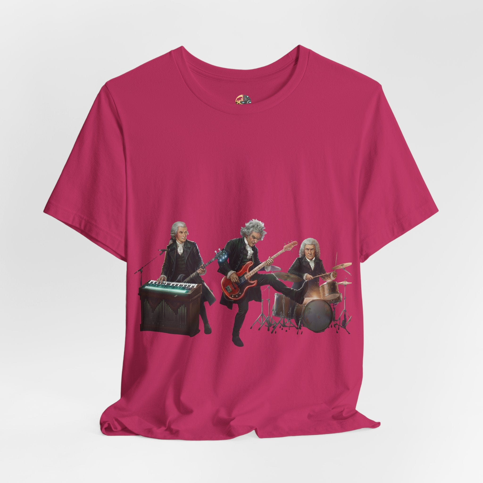 Berry color t-shirt featuring Mozart on bass and keyboard, Beethoven on electric guitar, and Bach on drums in a rock band scene