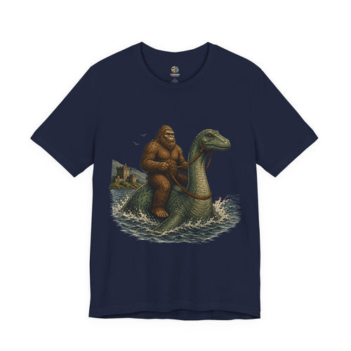 Navy blue t-shirt featuring bigfoot riding on the Loch Ness monster