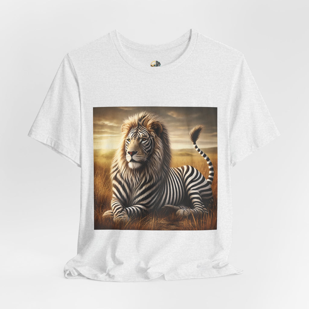 Ash color T-shirt featuring a lion with distinctive zebra-like stripes lying on dry savanna grass under a clear sky