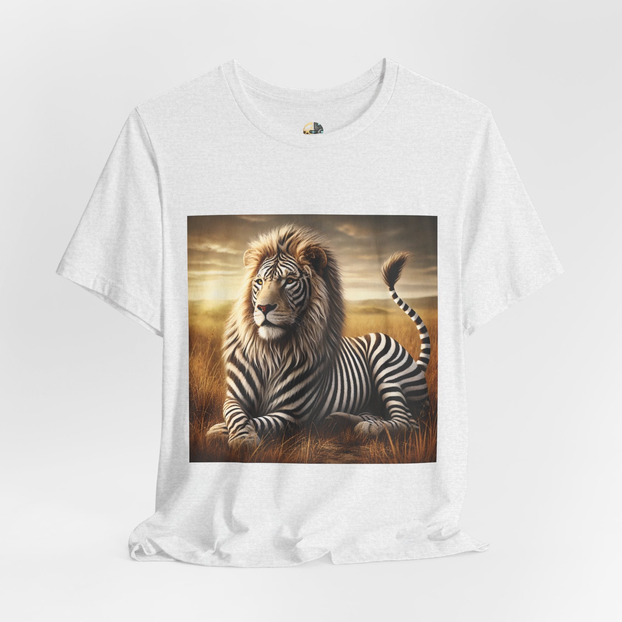 Ash color T-shirt featuring a lion with distinctive zebra-like stripes lying on dry savanna grass under a clear sky