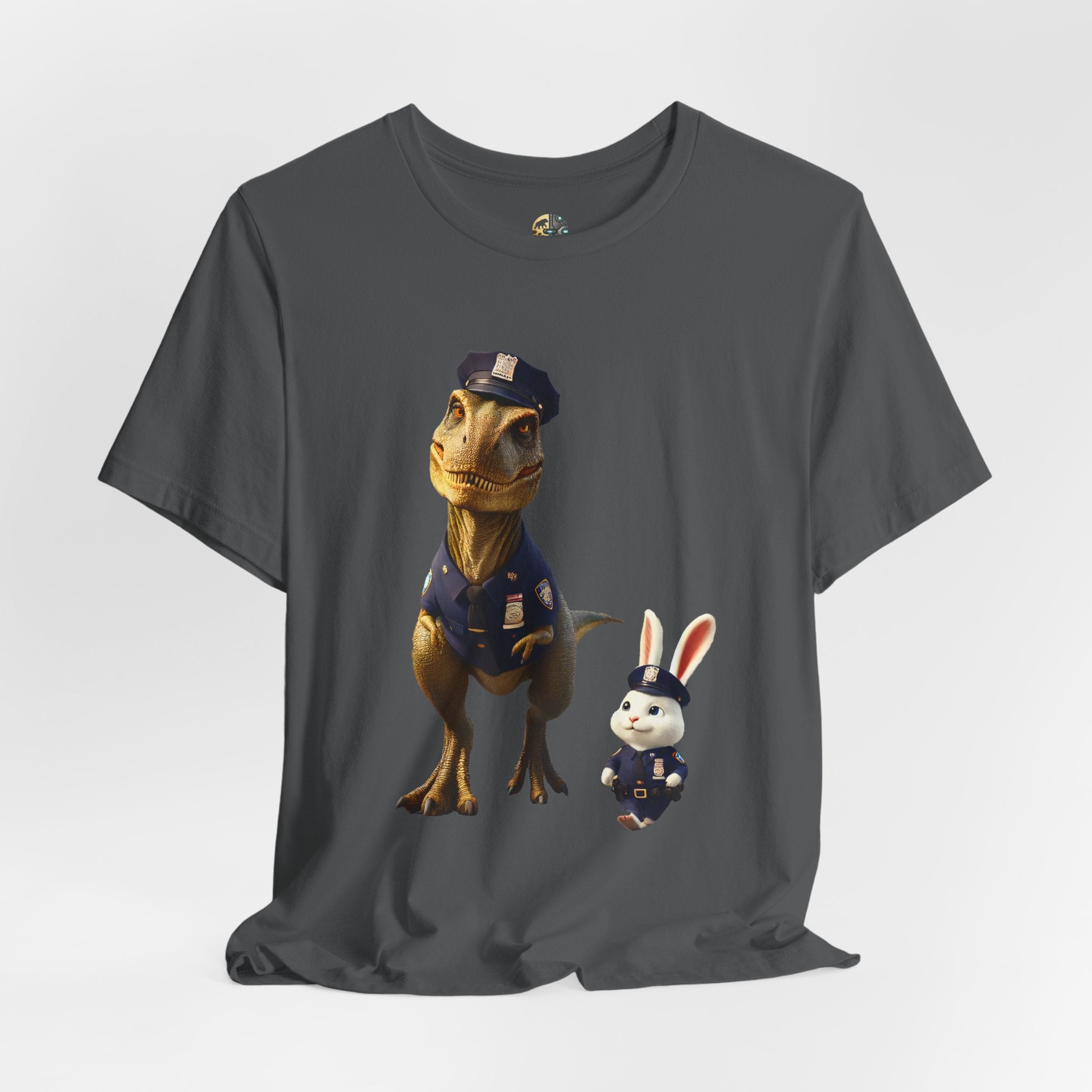 Asphalt grey T-shirt showing a T-Rex and a bunny dressed as police officers standing together