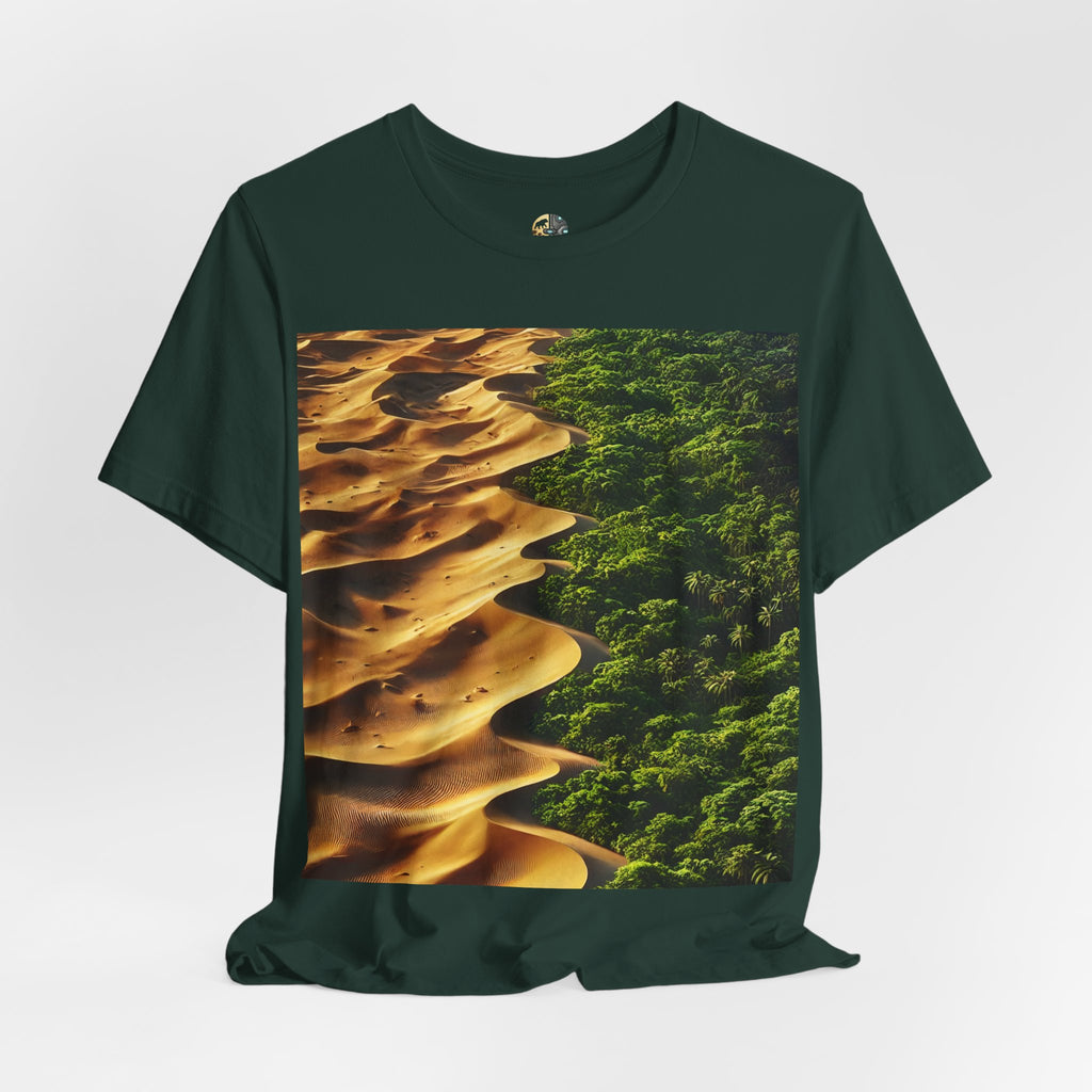 Forest green T-shirt featuring a split landscape with golden desert sand dunes on one side and a dense green rainforest on the other