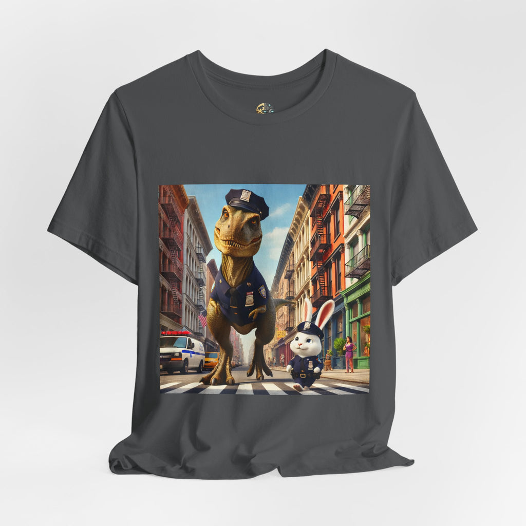 Asphalt grey T-shirt showing a T-Rex and a bunny dressed as police officers standing together on a crosswalk in a New York–style urban setting
