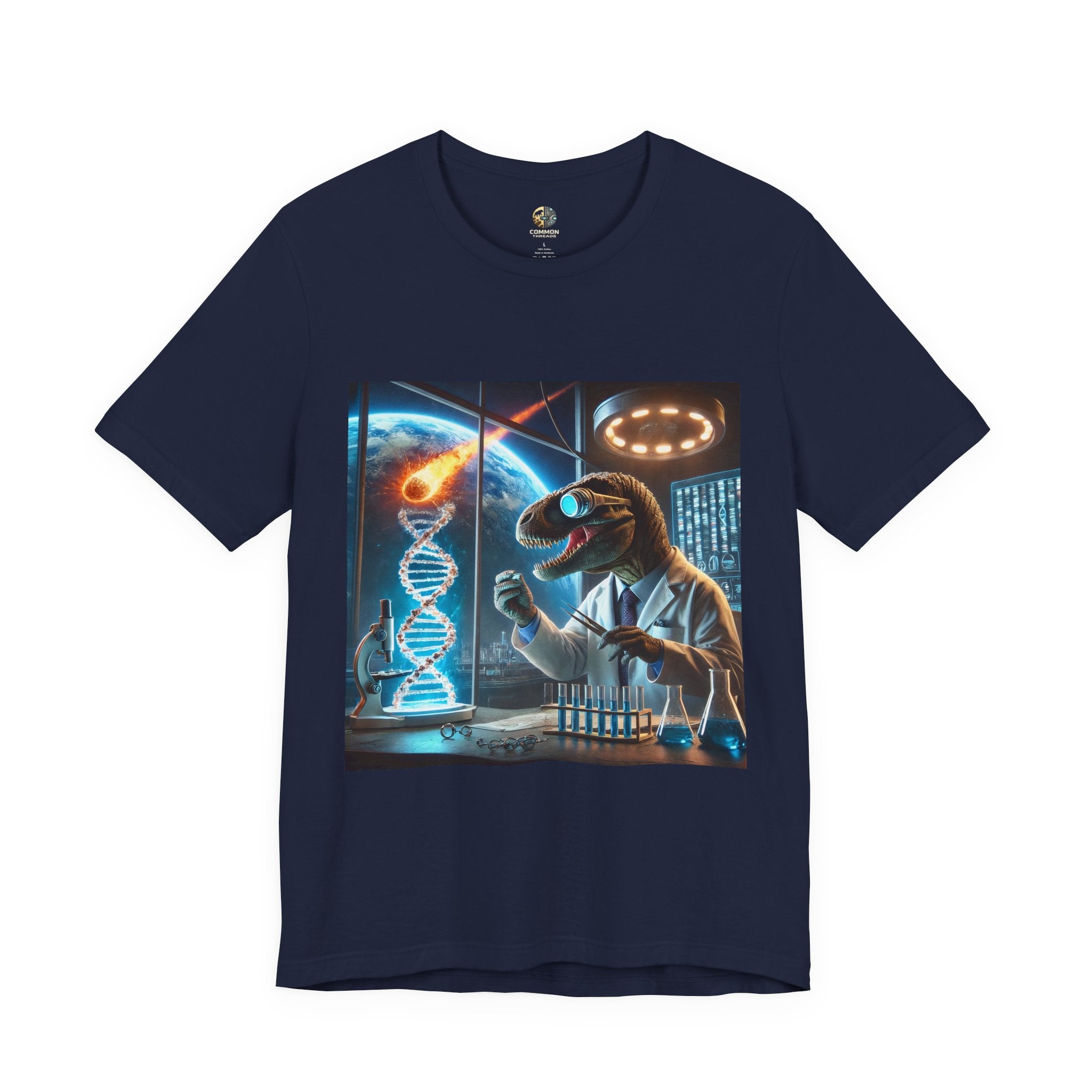 Navy blue t-shirt featuring a dinosaur in a space lab conducting experiments, with Earth visible outside being hit by a meteor