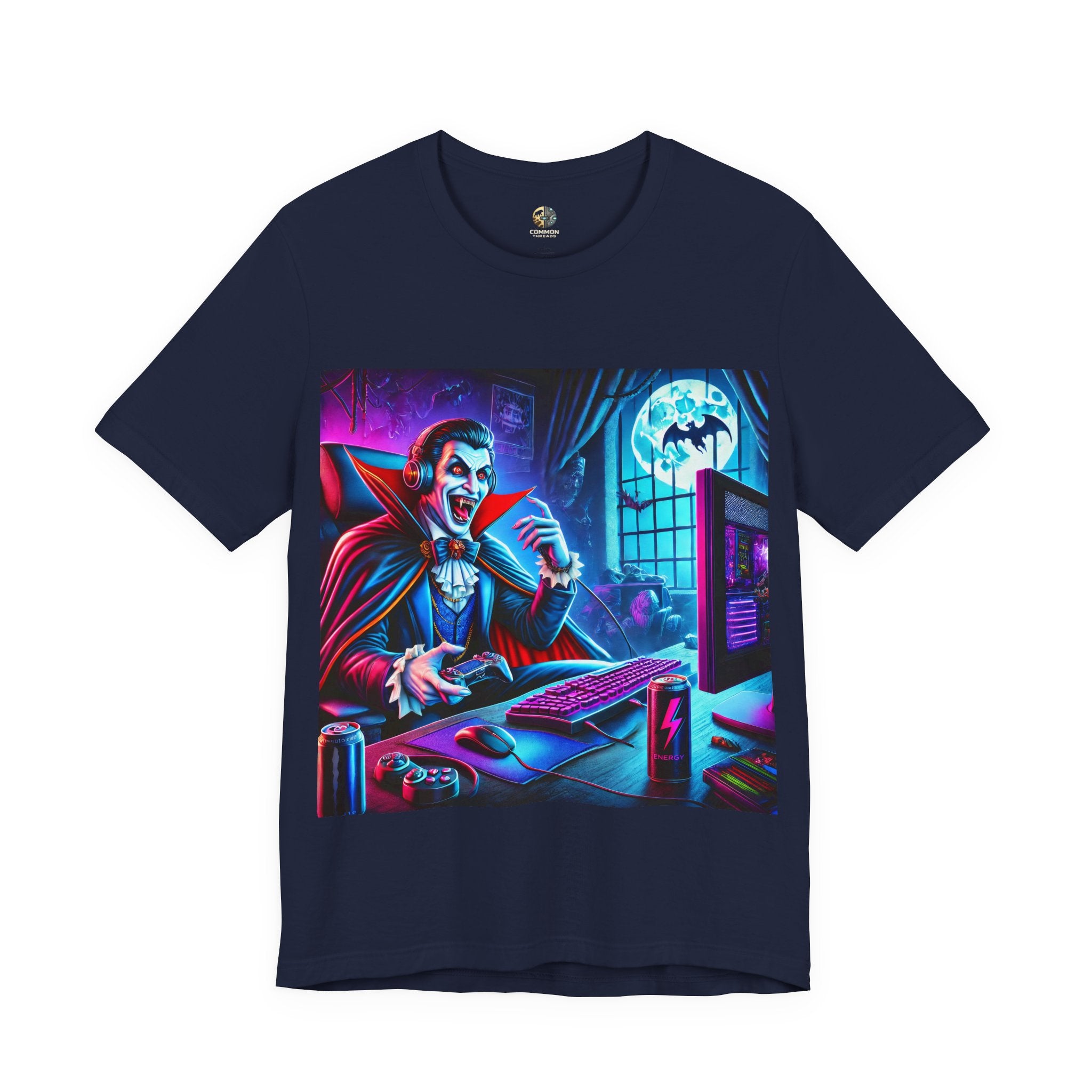 Navy blue t-shirt of a vampire playing video games in night time