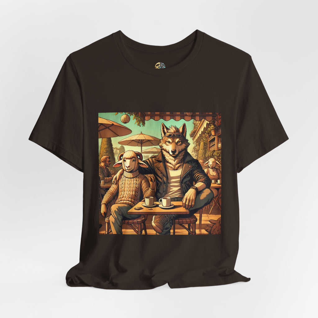Brown T-shirt featuring an anthropomorphic wolf and lamb seated at a café table in warm, painterly style