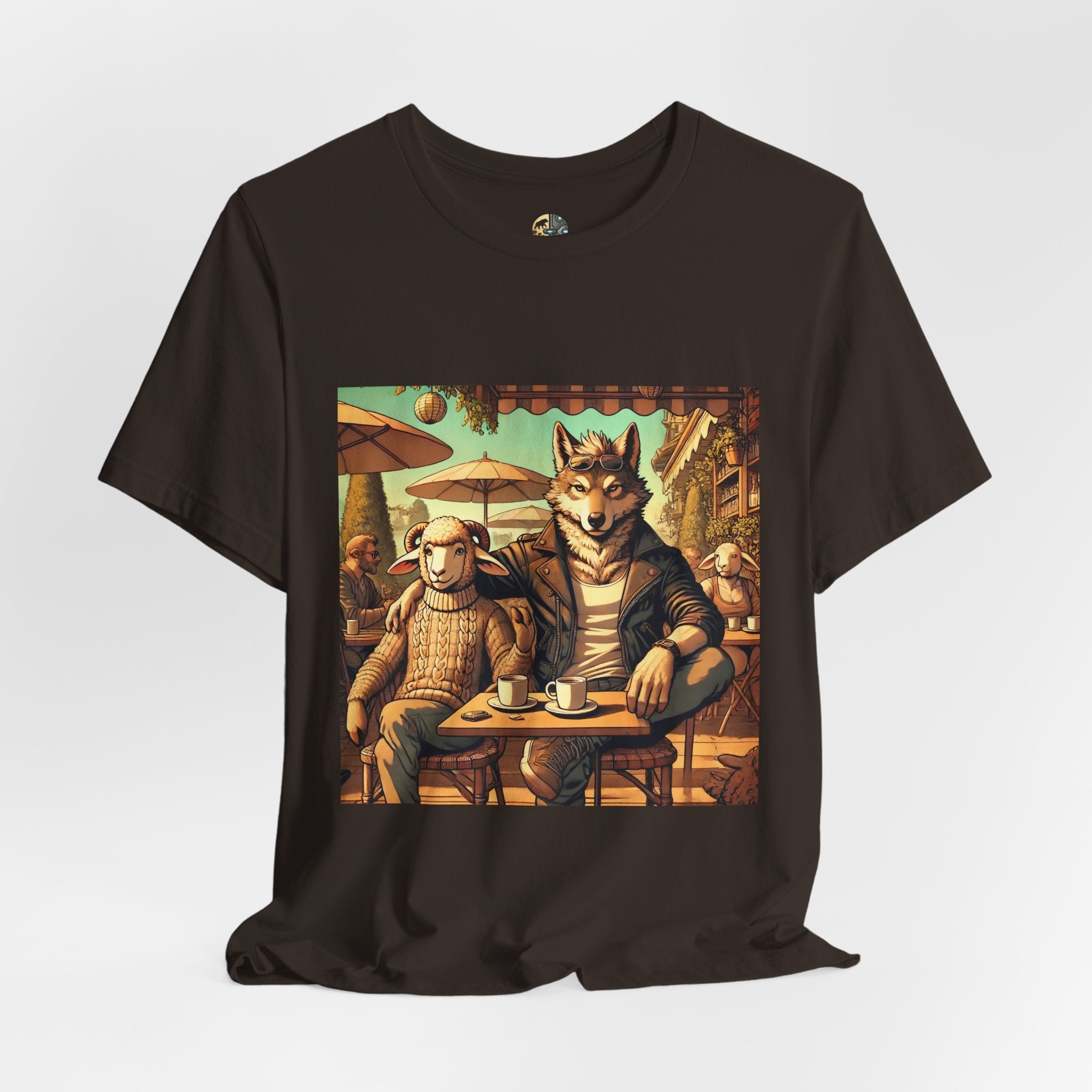 Brown T-shirt featuring an anthropomorphic wolf and lamb seated at a café table in warm, painterly style