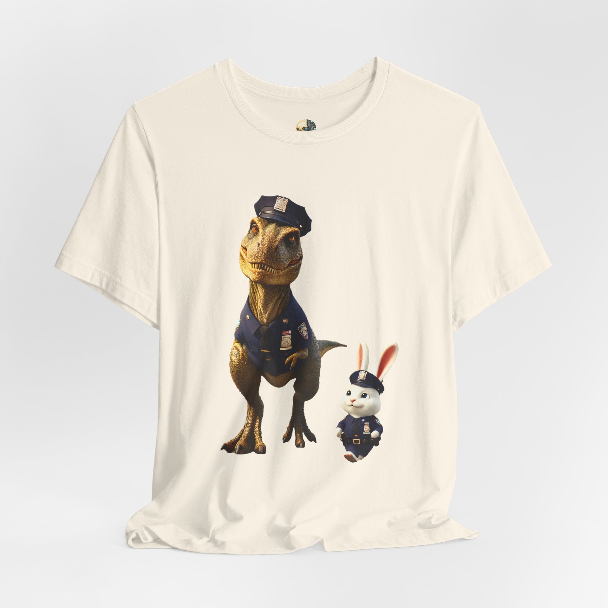 Natural color T-shirt showing a T-Rex and a bunny dressed as police officers standing together