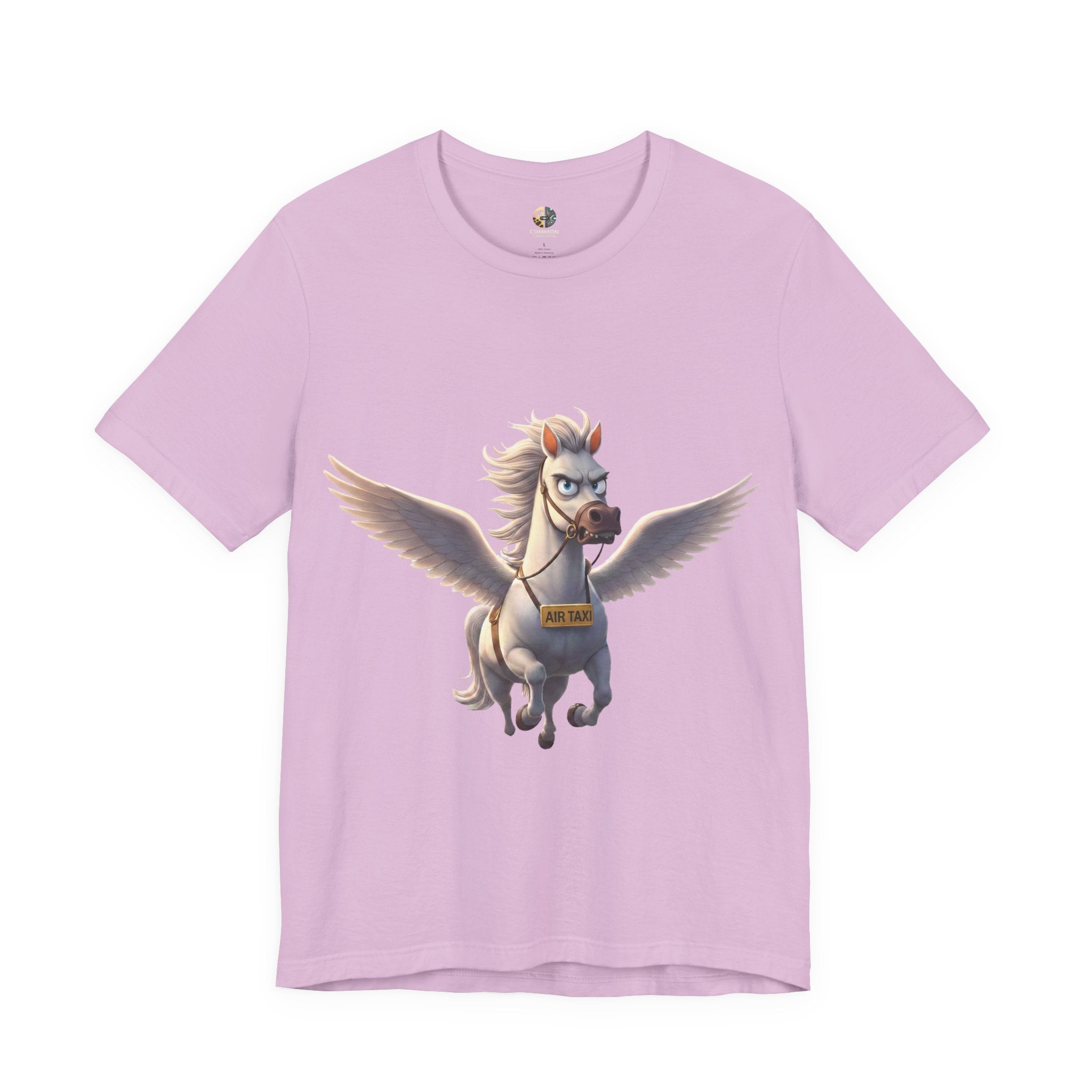 Lilac t-shirt featuring a cartoon pegasus wearing a sign that reads “Air Taxi”