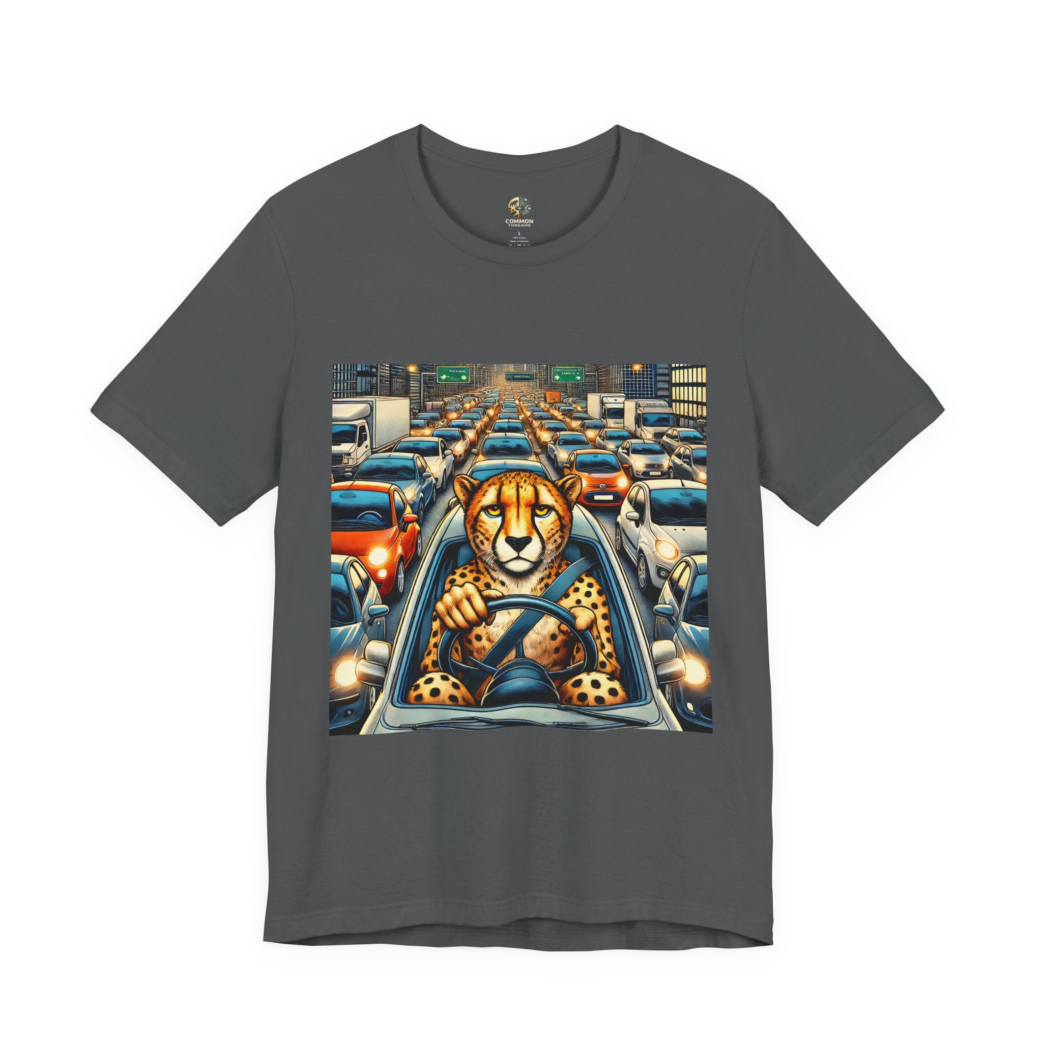 Asphalt grey T-shirt featuring a graphic of a cheetah sitting in the driver’s seat of a car stuck in heavy city traffic