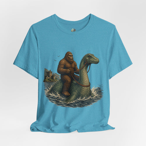 Heather aqua t-shirt featuring bigfoot riding on the Loch Ness monster