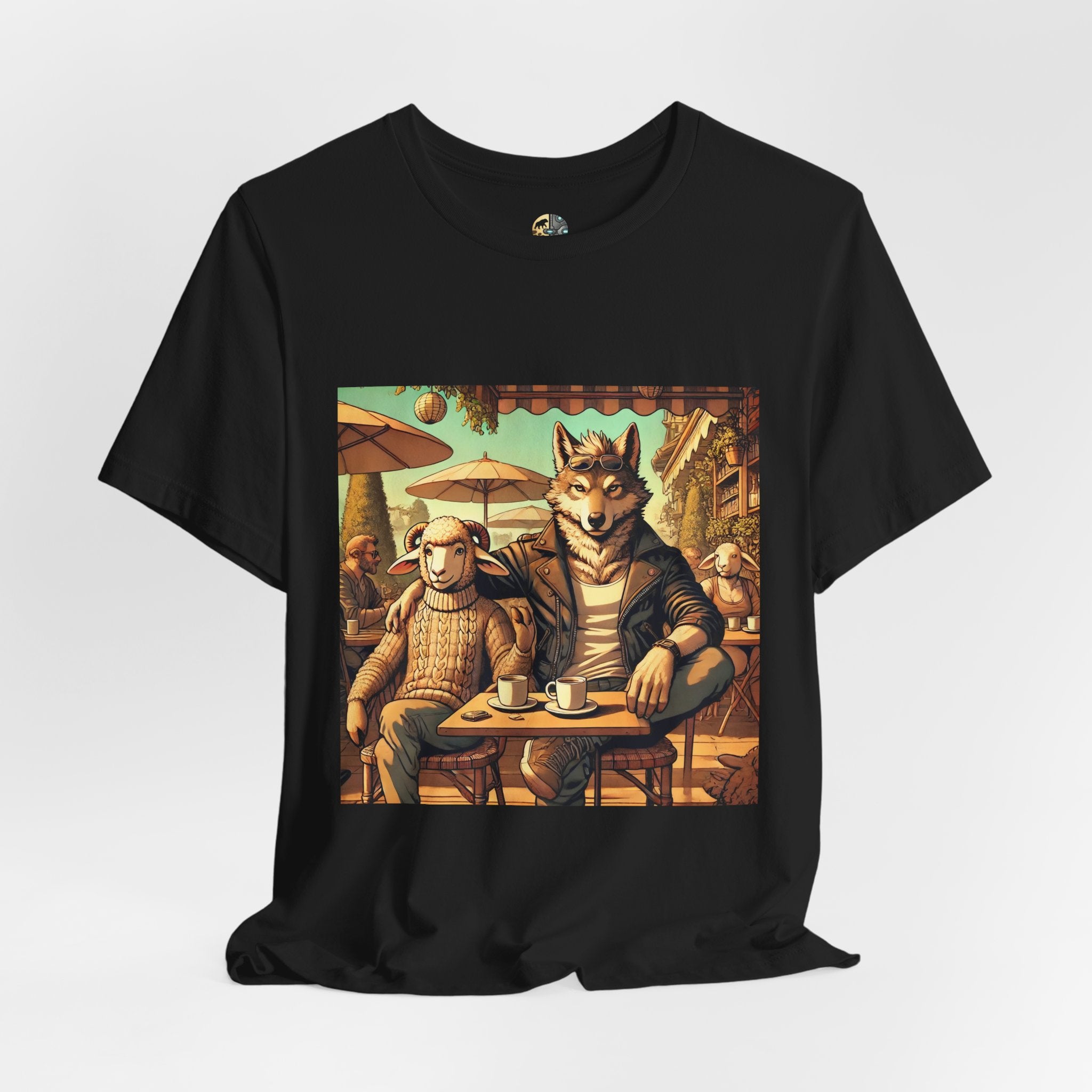 Black T-shirt featuring an anthropomorphic wolf and lamb seated at a café table in warm, painterly style