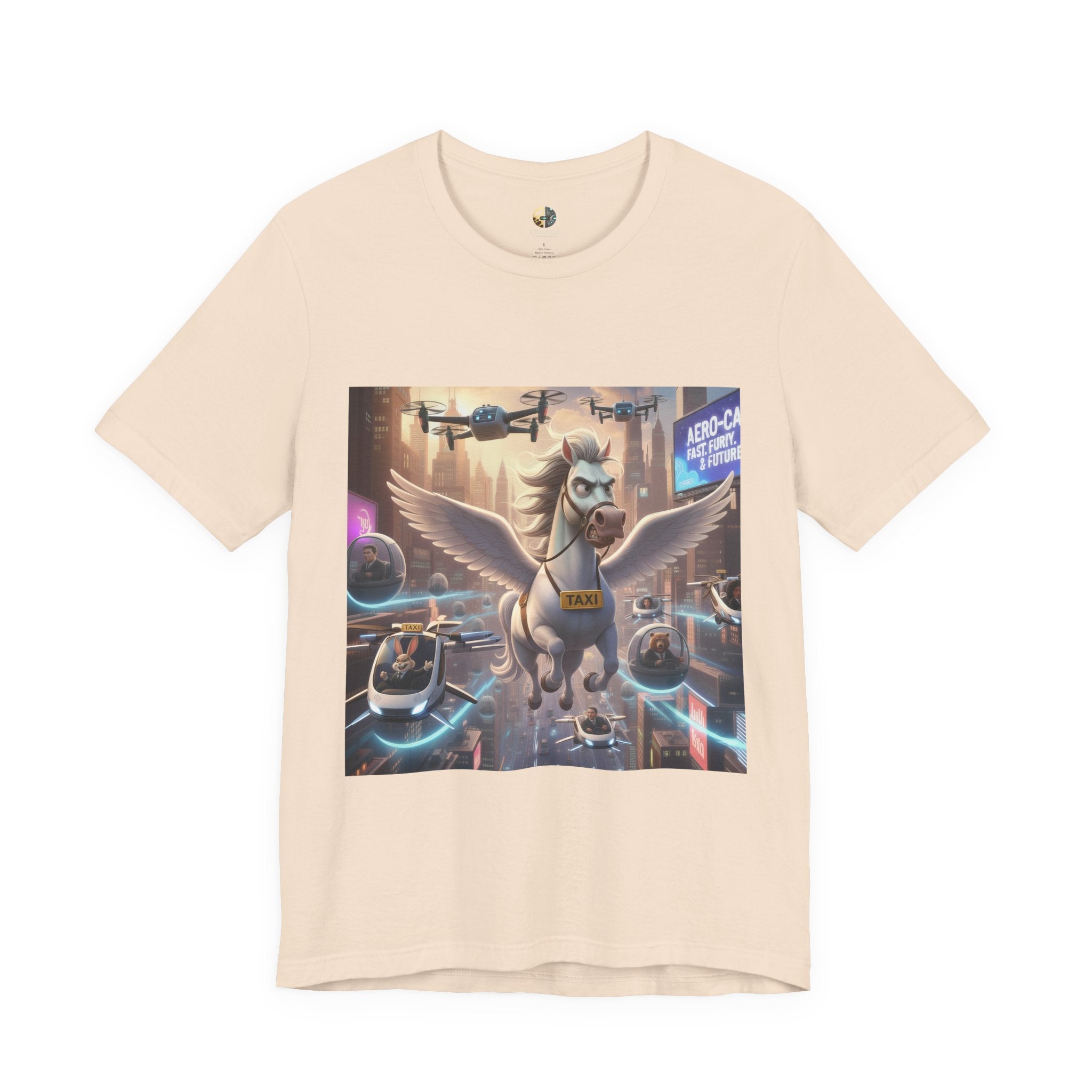 Soft creme color t-shirt featuring a winged horse in a futuristic cityscape, with a sky full of airborne vehicles