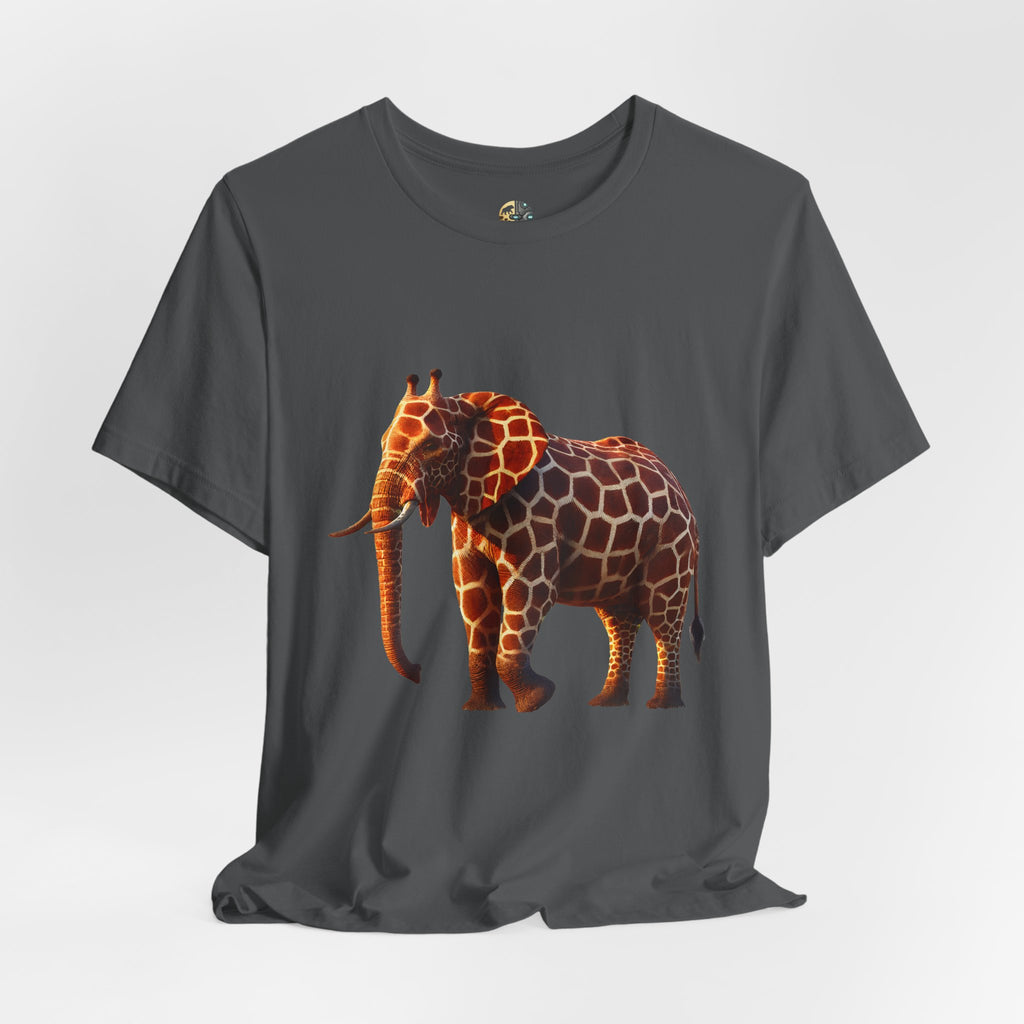 Asphalt grey T-shirt featuring an elephant–giraffe hybrid with giraffe patterns and small ossicones.