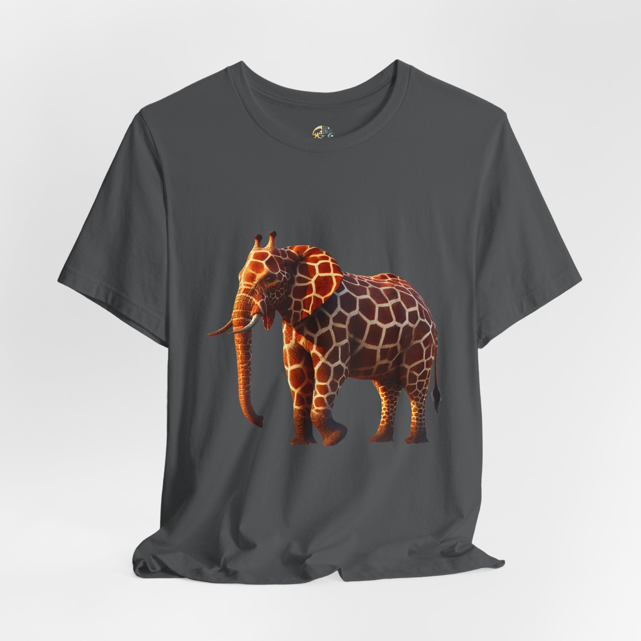 Asphalt grey T-shirt featuring an elephant–giraffe hybrid with giraffe patterns and small ossicones.