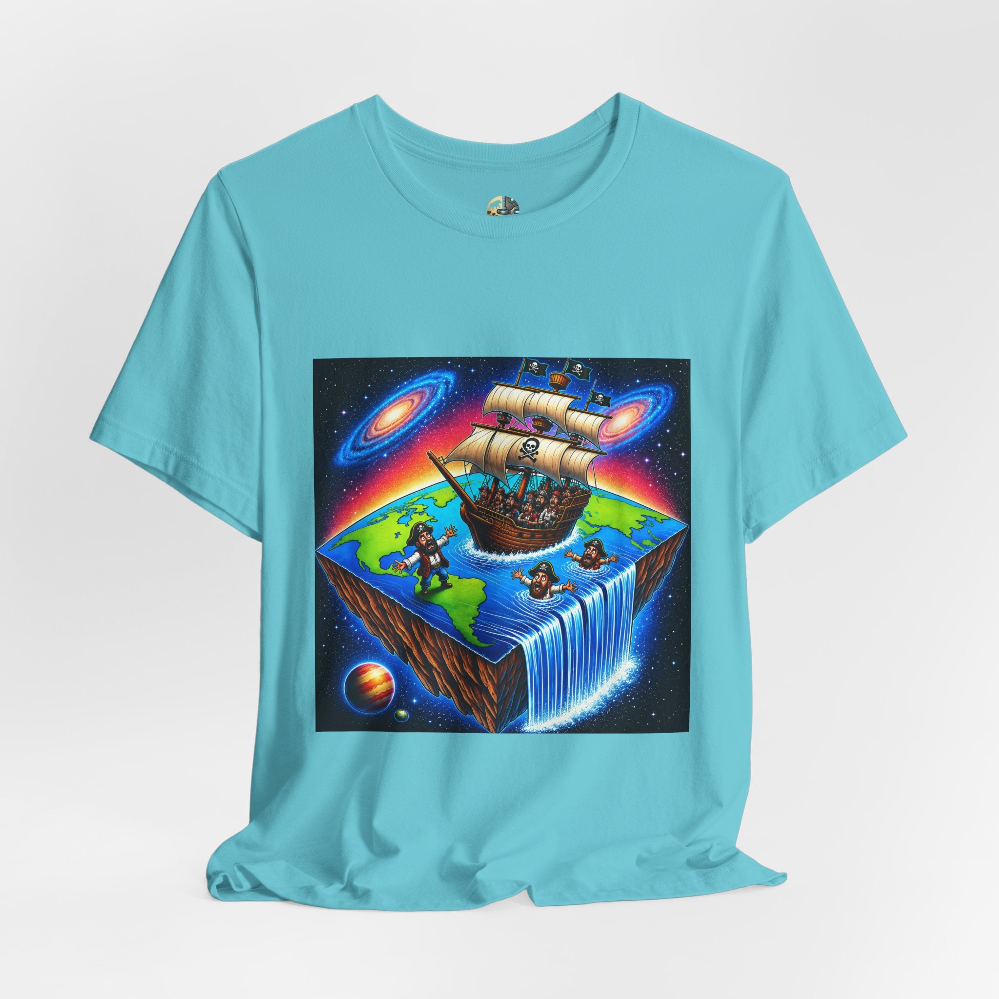 Turquoise T-shirt featuring a graphic of pirates on a ship sailing toward the edge of a flat Earth with a large waterfall into space