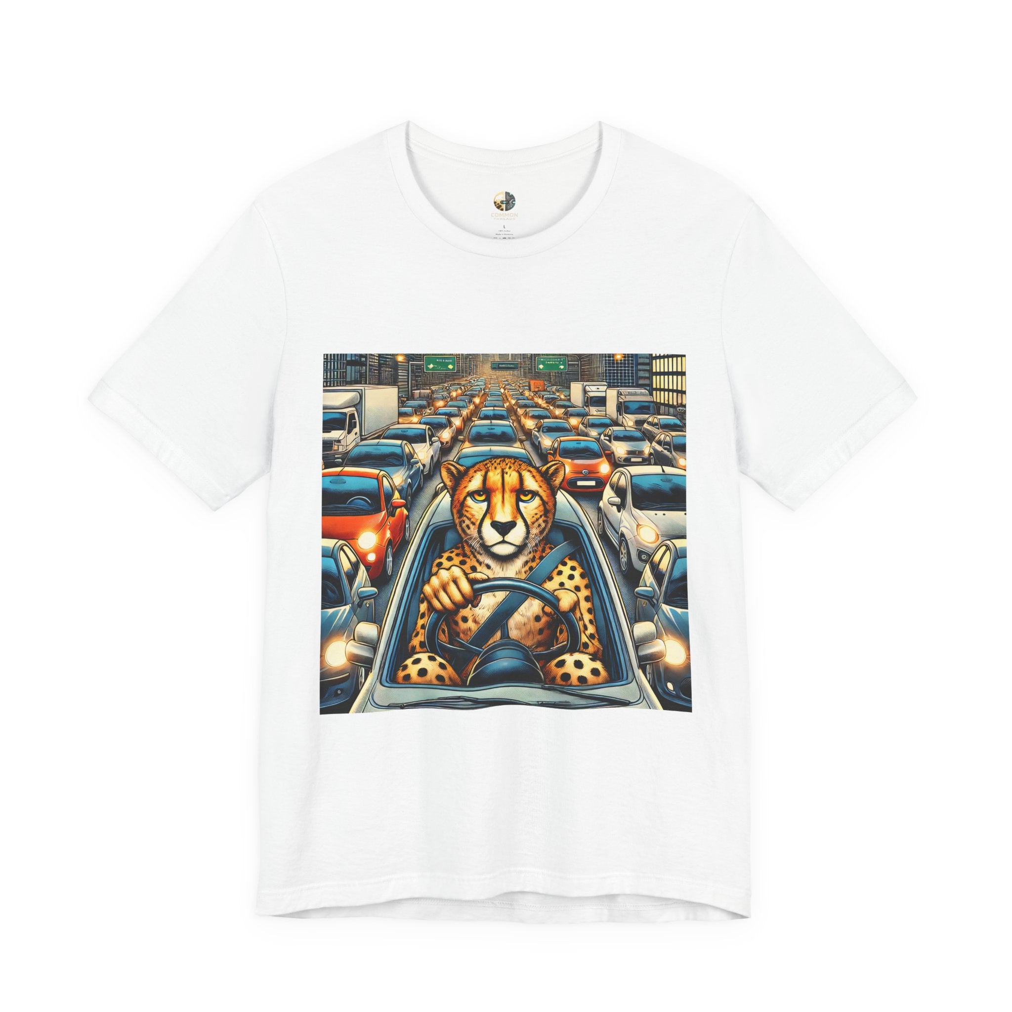 White T-shirt featuring a graphic of a cheetah sitting in the driver’s seat of a car stuck in heavy city traffic