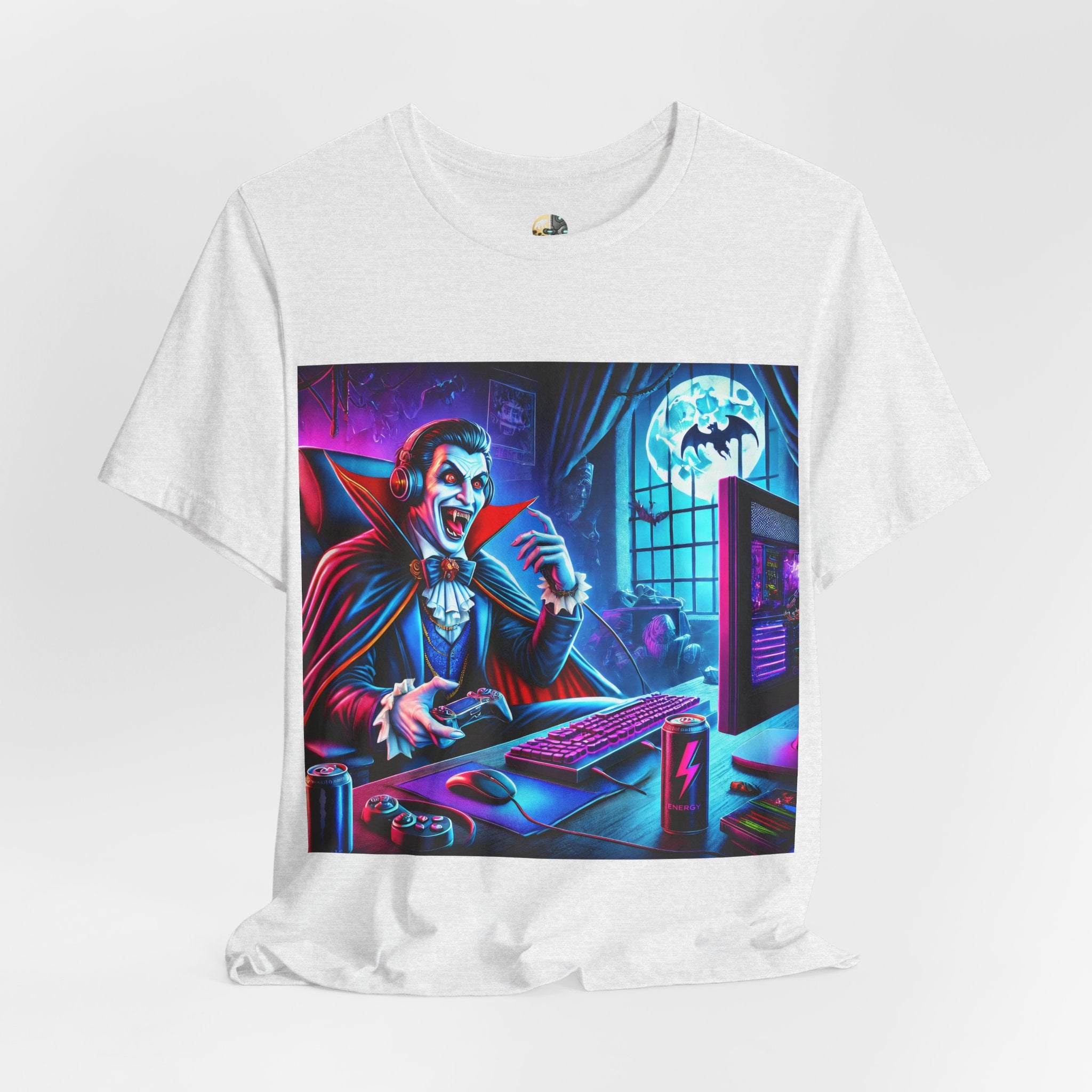 A ash color t-shirt of a vampire playing video games in night time