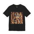 Black T-shirt featuring a graphic of Cleopatra wearing an ornate headdress and gold jewelry, seated on a throne and holding a smartphone for a selfie, with temple architecture in the background