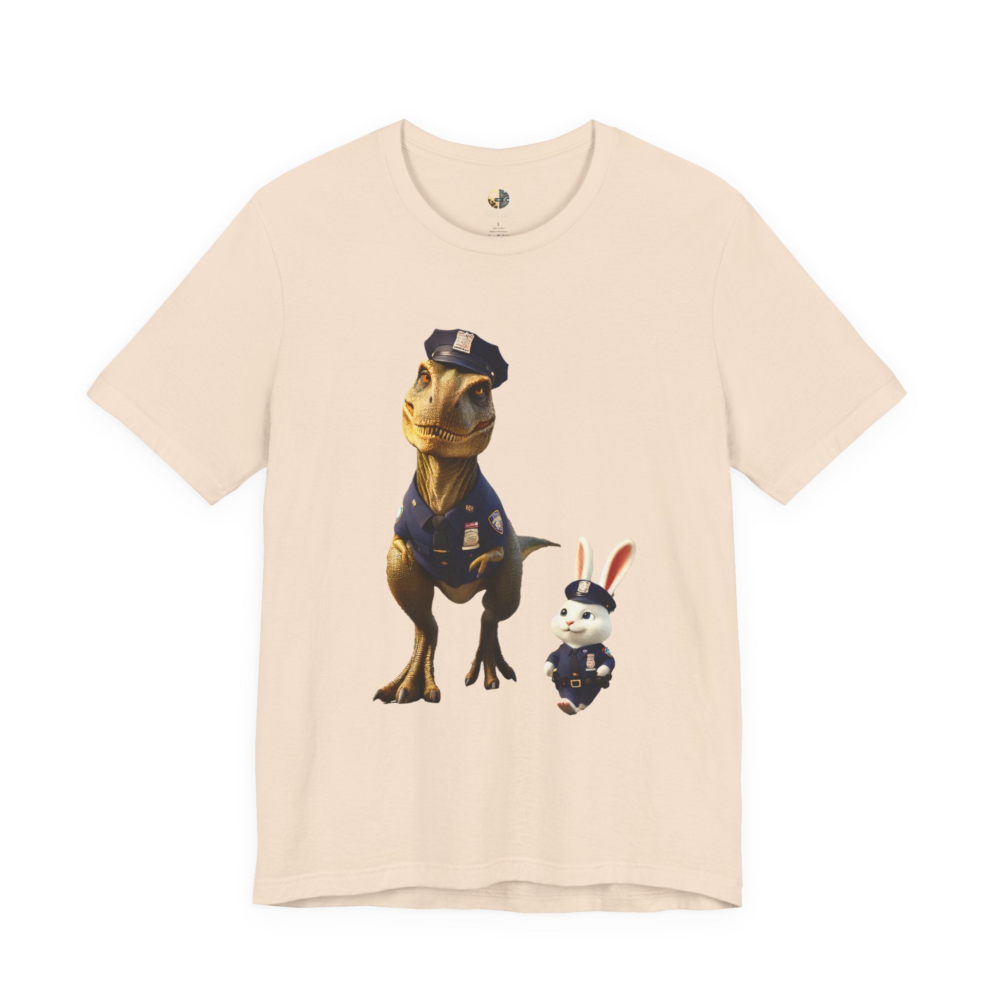 Soft creme T-shirt showing a T-Rex and a bunny dressed as police officers standing together