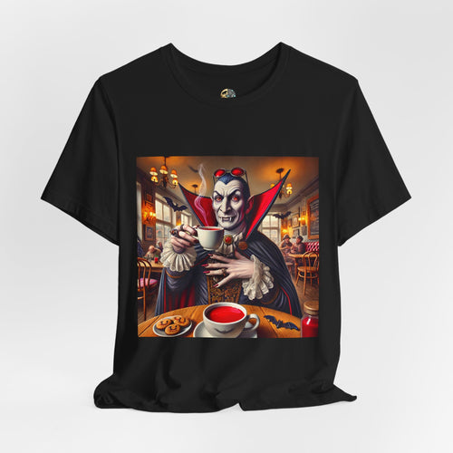 Black T-shirt featuring a classic vampire dressed like Count Dracula sitting in a café, wearing red sunglasses and drinking from a teacup filled with red liquid