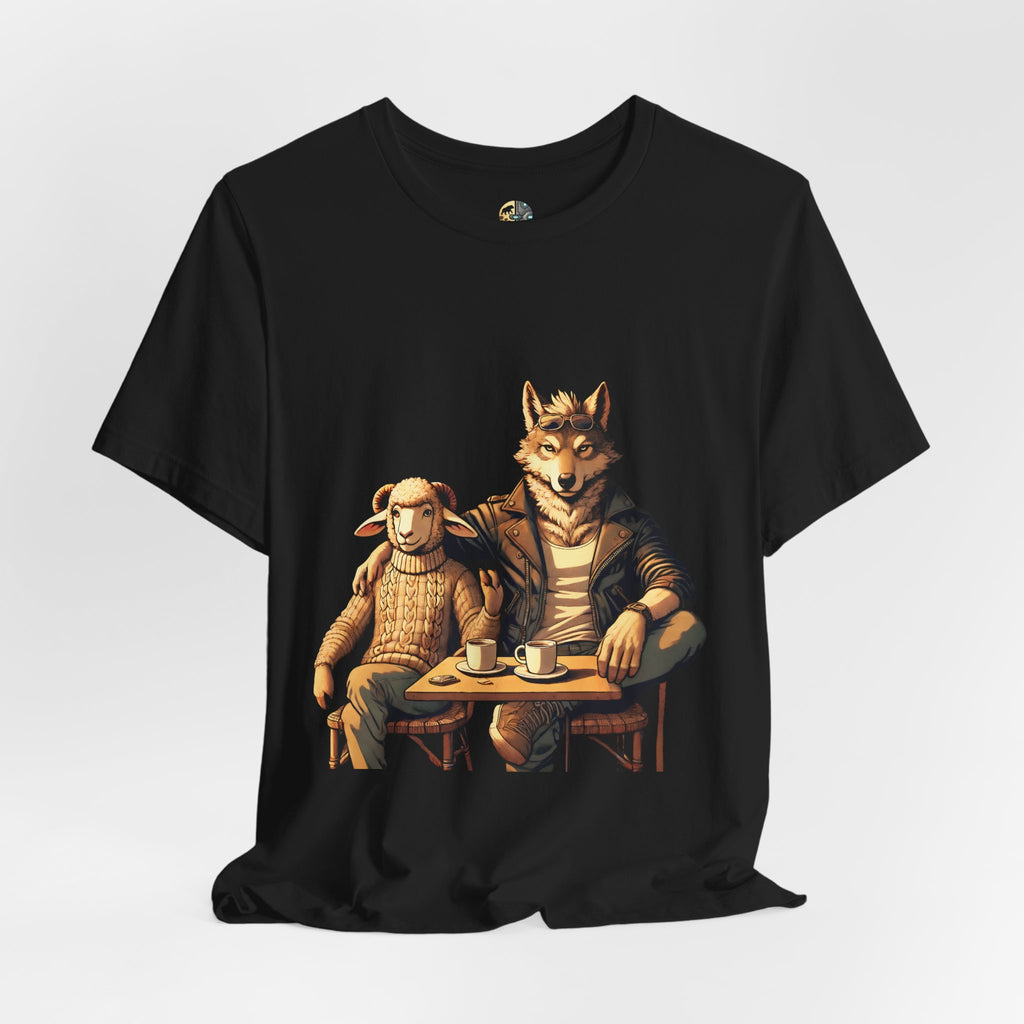 Black T-shirt featuring an anthropomorphic wolf and lamb seated at a café table with coffee cups, illustrated in warm, painterly tones