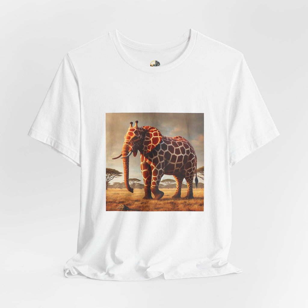 White T-shirt featuring a graphic of an elephant–giraffe hybrid with giraffe patterns and small ossicones, set against a savanna background