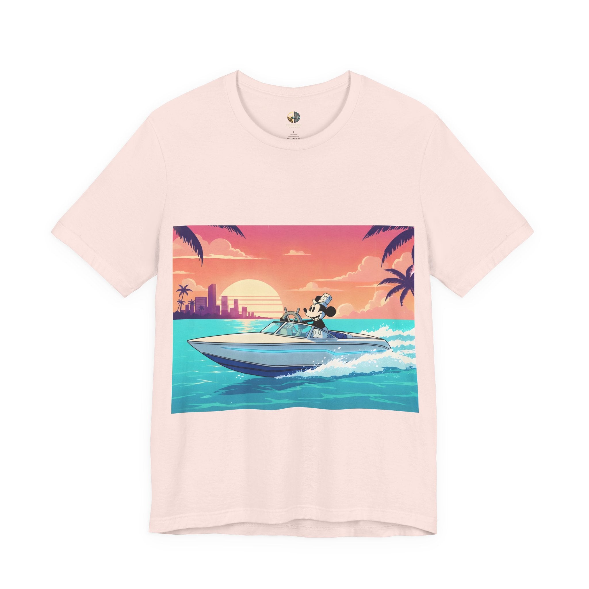 Soft pink t-shirt with A 1920s-style riverboat mouse captain piloting a modern speedboat against a neon 1980s Miami-style sunset and skyline