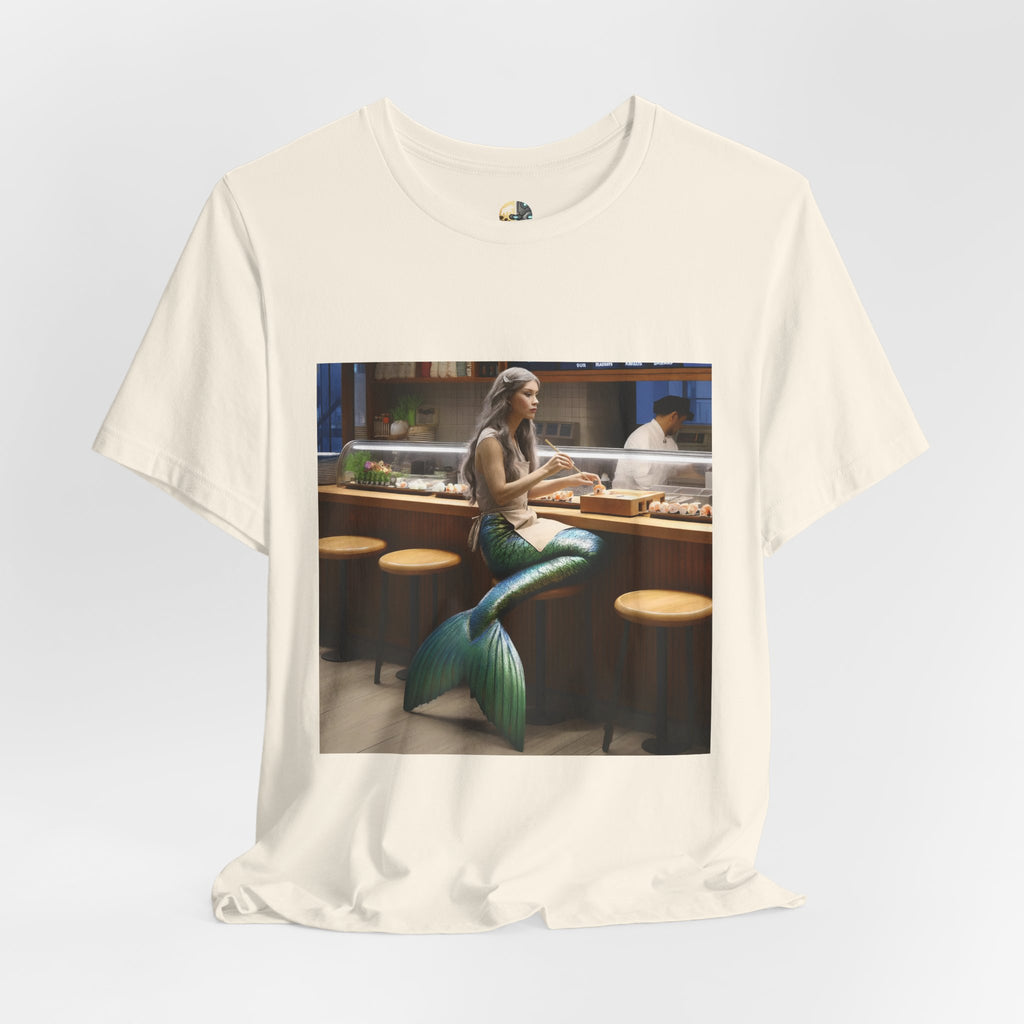 Mermaid Sitting at Sushi Bar T-Shirt | Ocean Fantasy Graphic Tee | Whimsical Restaurant Art Shirt