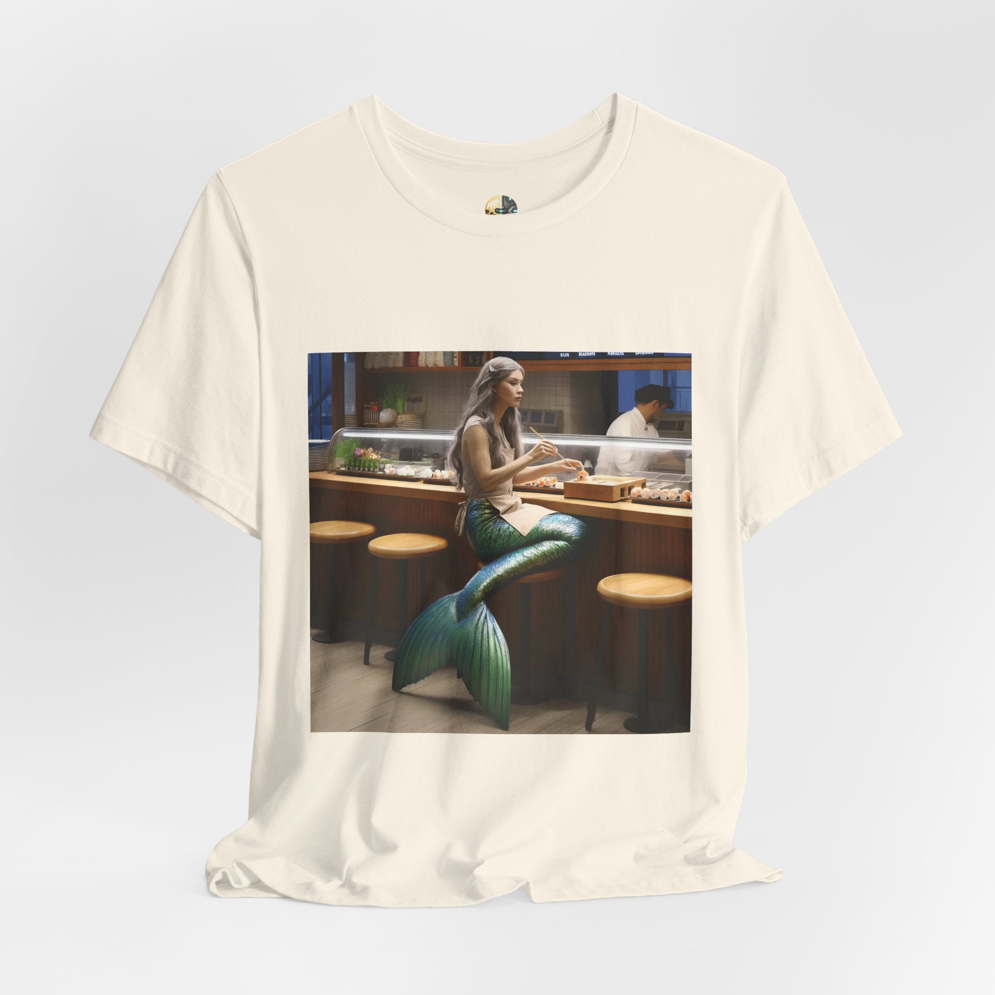 Mermaid Sitting at Sushi Bar T-Shirt | Ocean Fantasy Graphic Tee | Whimsical Restaurant Art Shirt