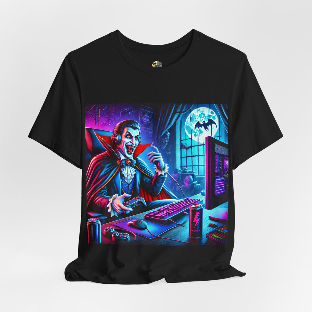 A black t-shirt of a vampire playing video games in night time