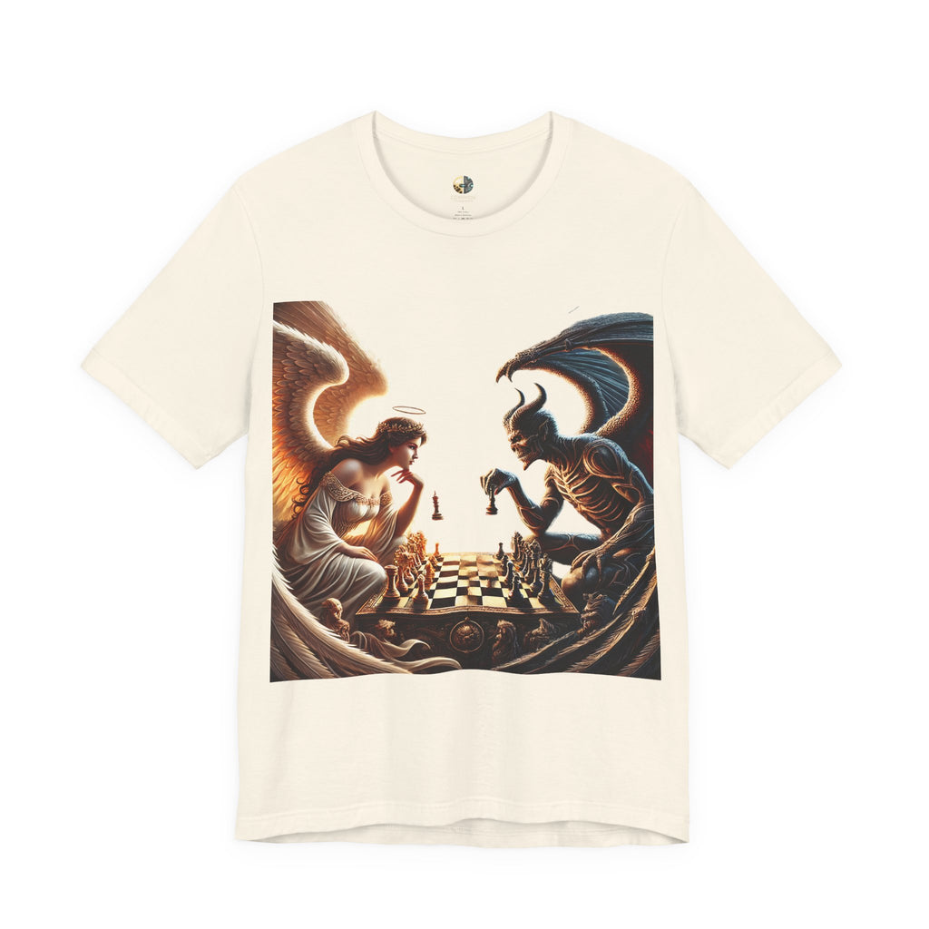 Natural color T-shirt featuring a graphic of an angel and a demon playing chess, with a golden king piece levitating