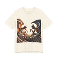 Natural color T-shirt featuring a graphic of an angel and a demon playing chess, with a golden king piece levitating
