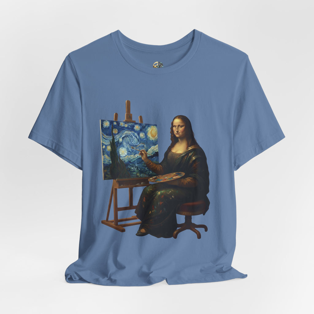 Lavender blue t-shirt with a graphic of the Mona Lisa painting ‘The Starry Night’