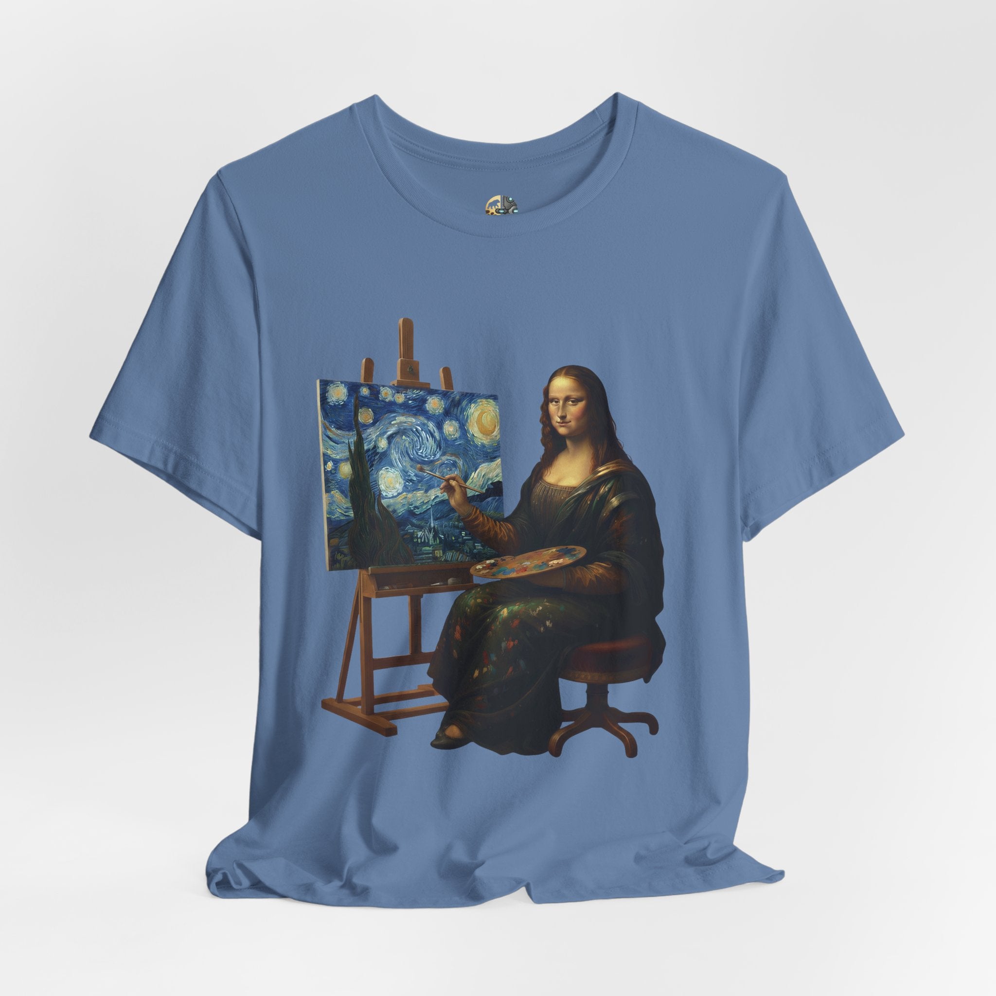 Lavender blue t-shirt with a graphic of the Mona Lisa painting ‘The Starry Night’