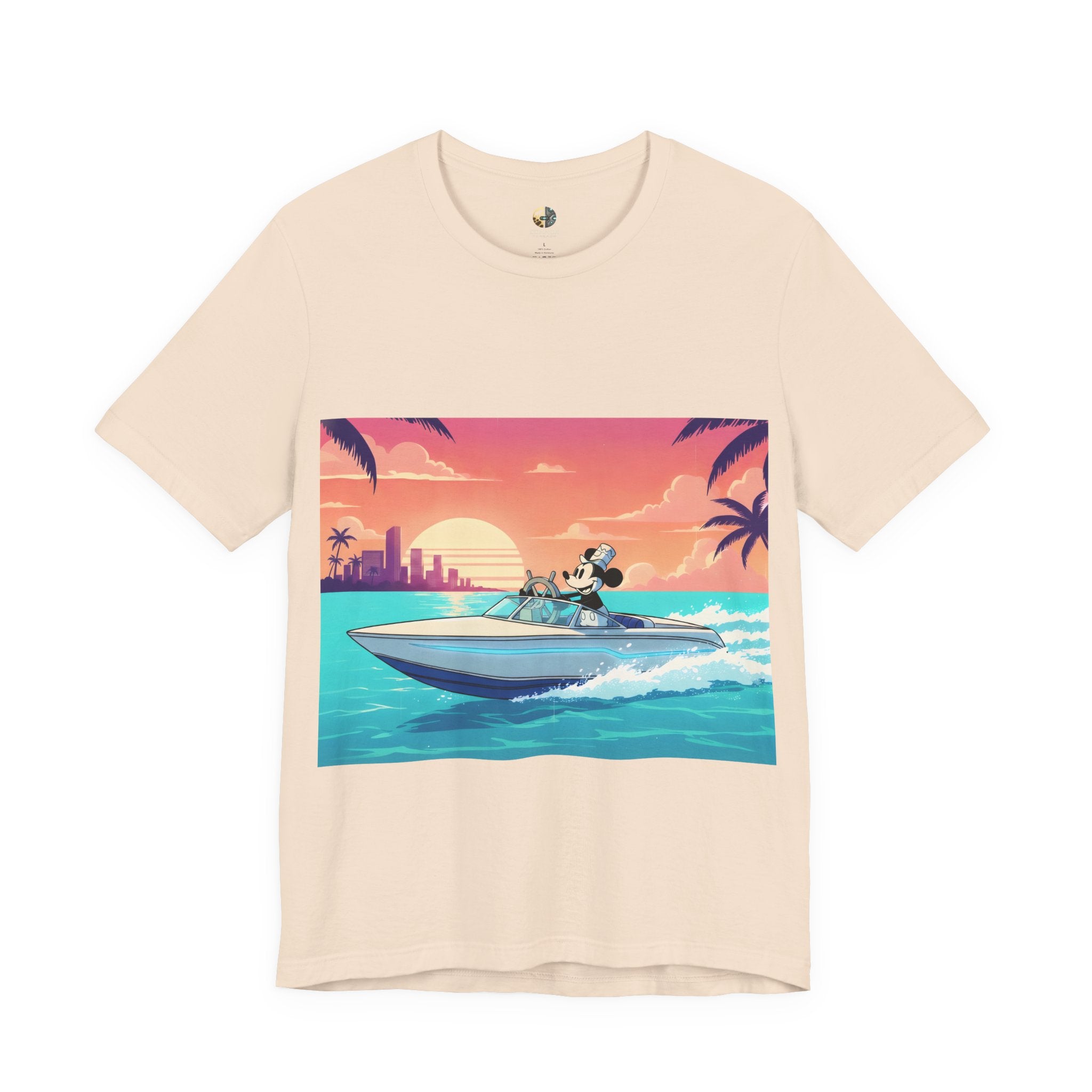 Soft creme color t-shirt with A 1920s-style riverboat mouse captain piloting a modern speedboat against a neon 1980s Miami-style sunset and skyline