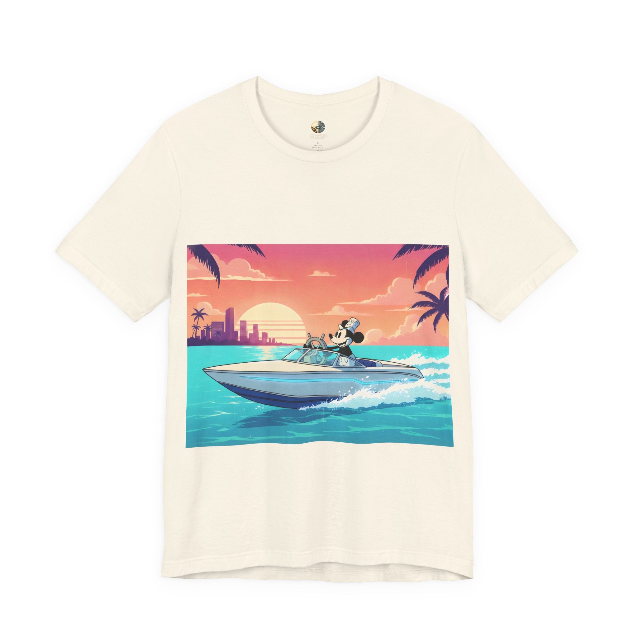 Natural color t-shirt with A 1920s-style riverboat mouse captain piloting a modern speedboat against a neon 1980s Miami-style sunset and skyline