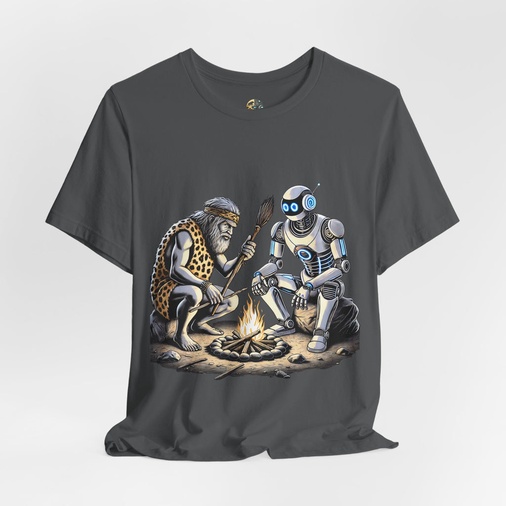 Asphalt grey T-shirt featuring a graphic of a bearded caveman in a leopard-print pelt sitting by a campfire with a futuristic robot