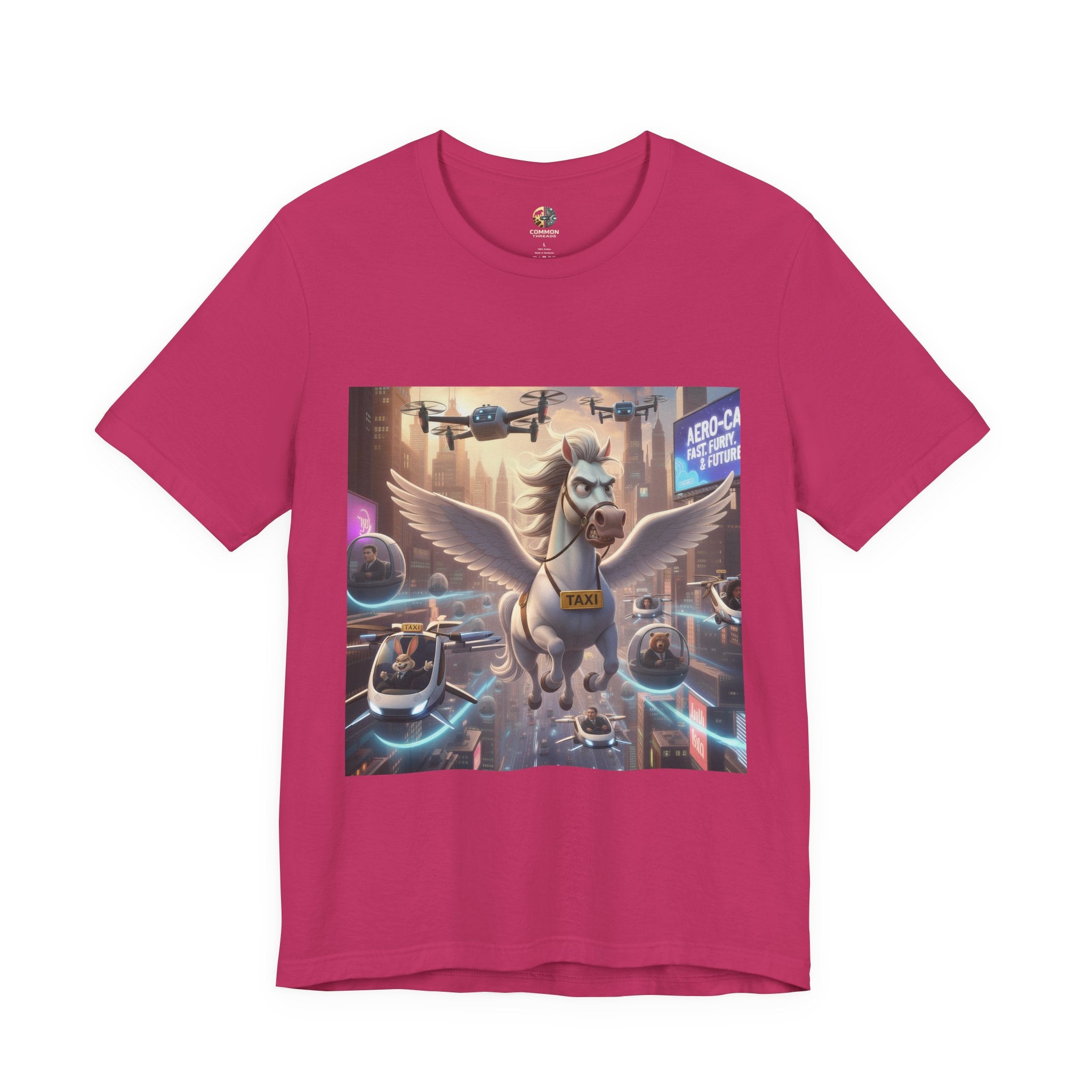 Berry color t-shirt featuring a winged horse in a futuristic cityscape, with a sky full of airborne vehicles