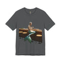 Asphalt grey T-shirt with graphic of a mermaid wearing a chef’s apron sitting at a sushi bar and eating sushi with chopsticks
