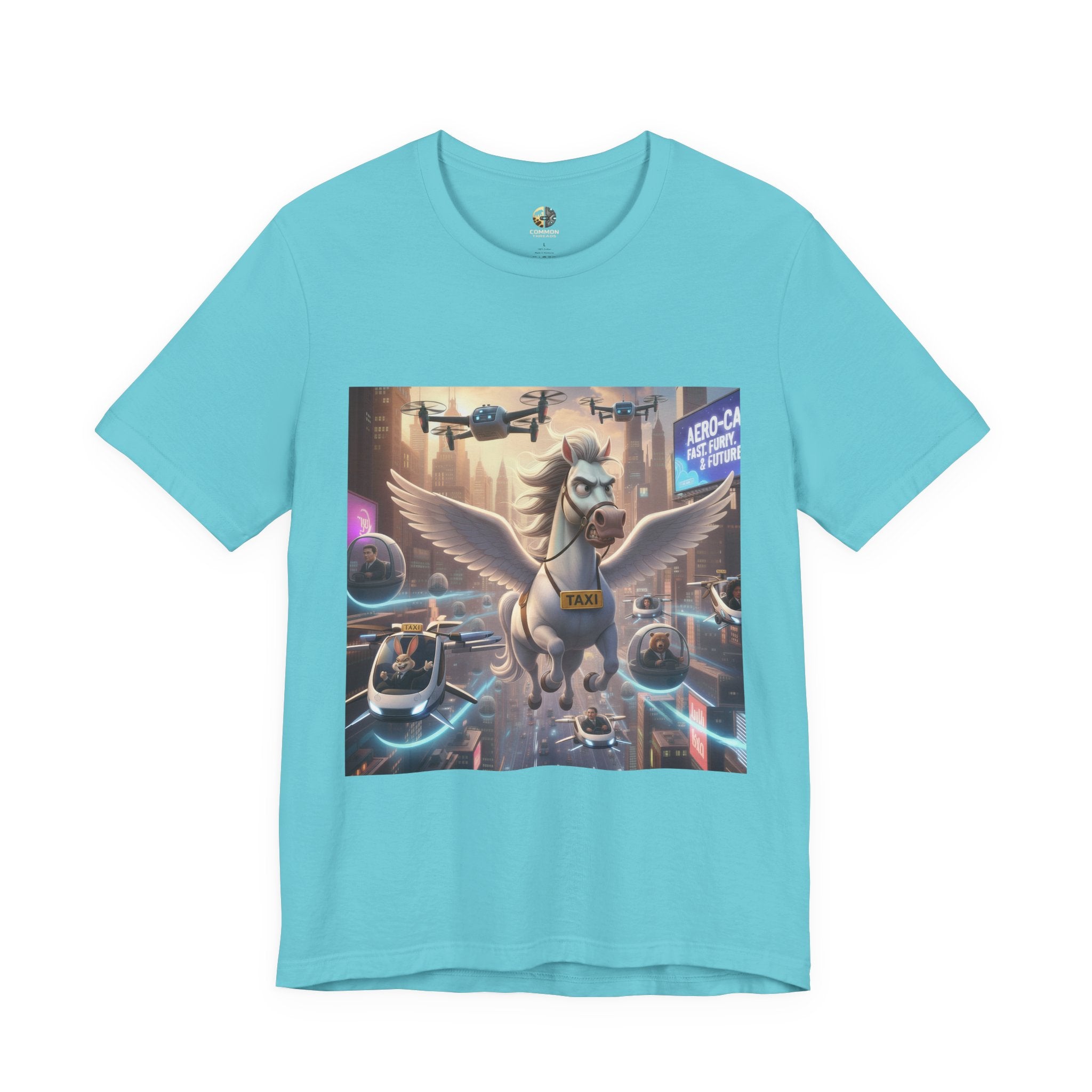Turquoise t-shirt featuring a winged horse in a futuristic cityscape, with a sky full of airborne vehicles