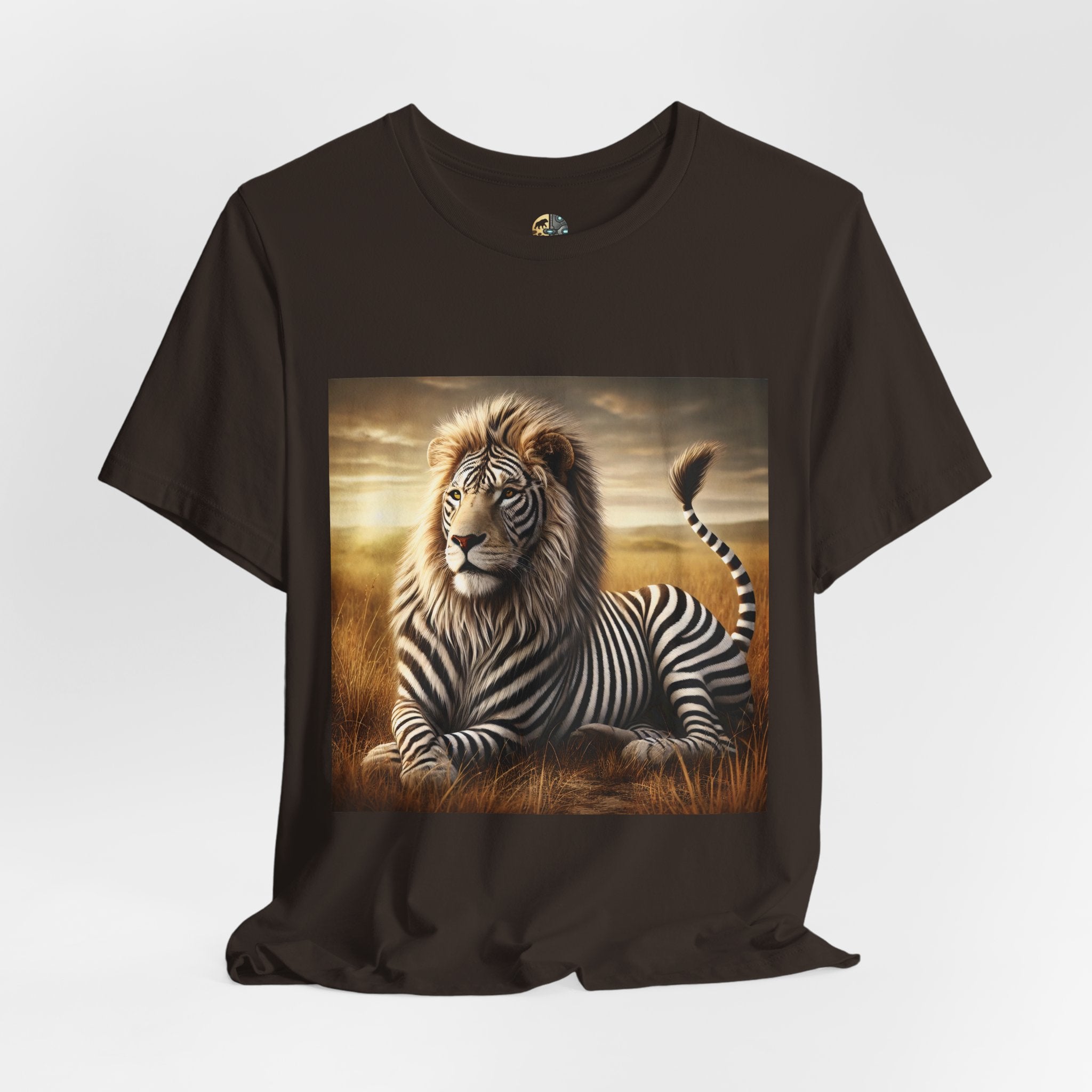 Zebra-Lion Sunset Savanna T-Shirt | Majestic Hybrid Animal Art | Surreal Wildlife Scene Graphic Tee