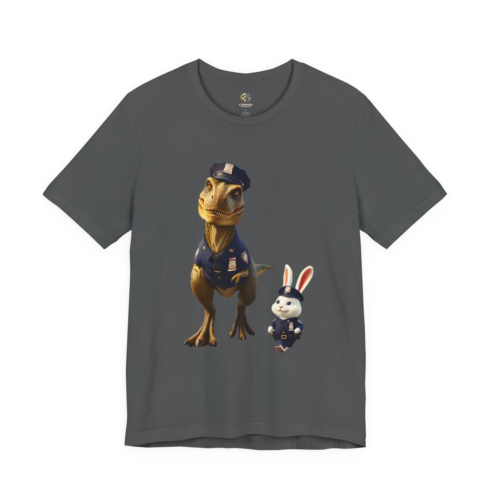 Asphalt grey T-shirt showing a T-Rex and a bunny dressed as police officers standing together