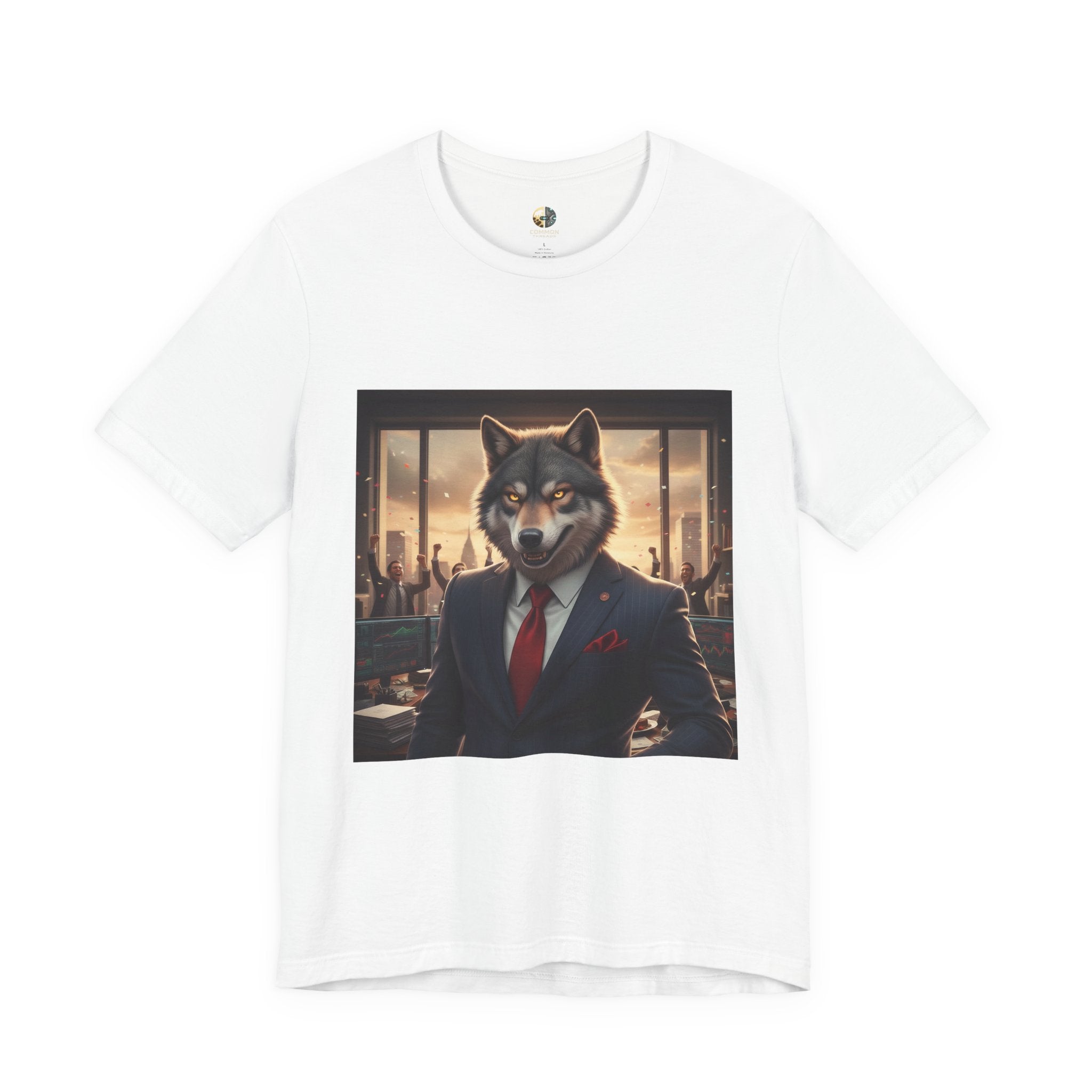 White T-shirt featuring a graphic of a wolf dressed as a stockbroker in a suit and red tie, standing in a high-rise office with celebrating traders in the background