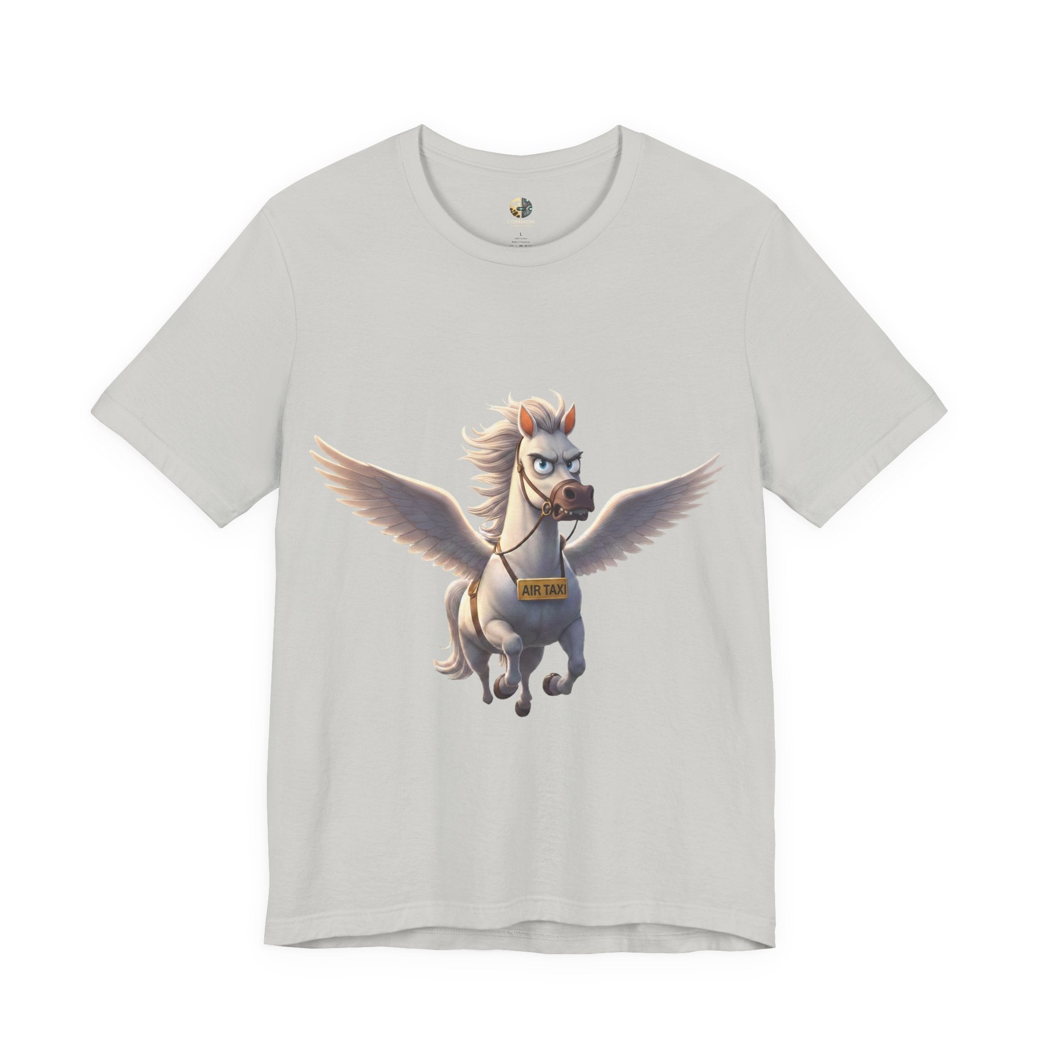 Silver t-shirt featuring a cartoon pegasus wearing a sign that reads “Air Taxi”